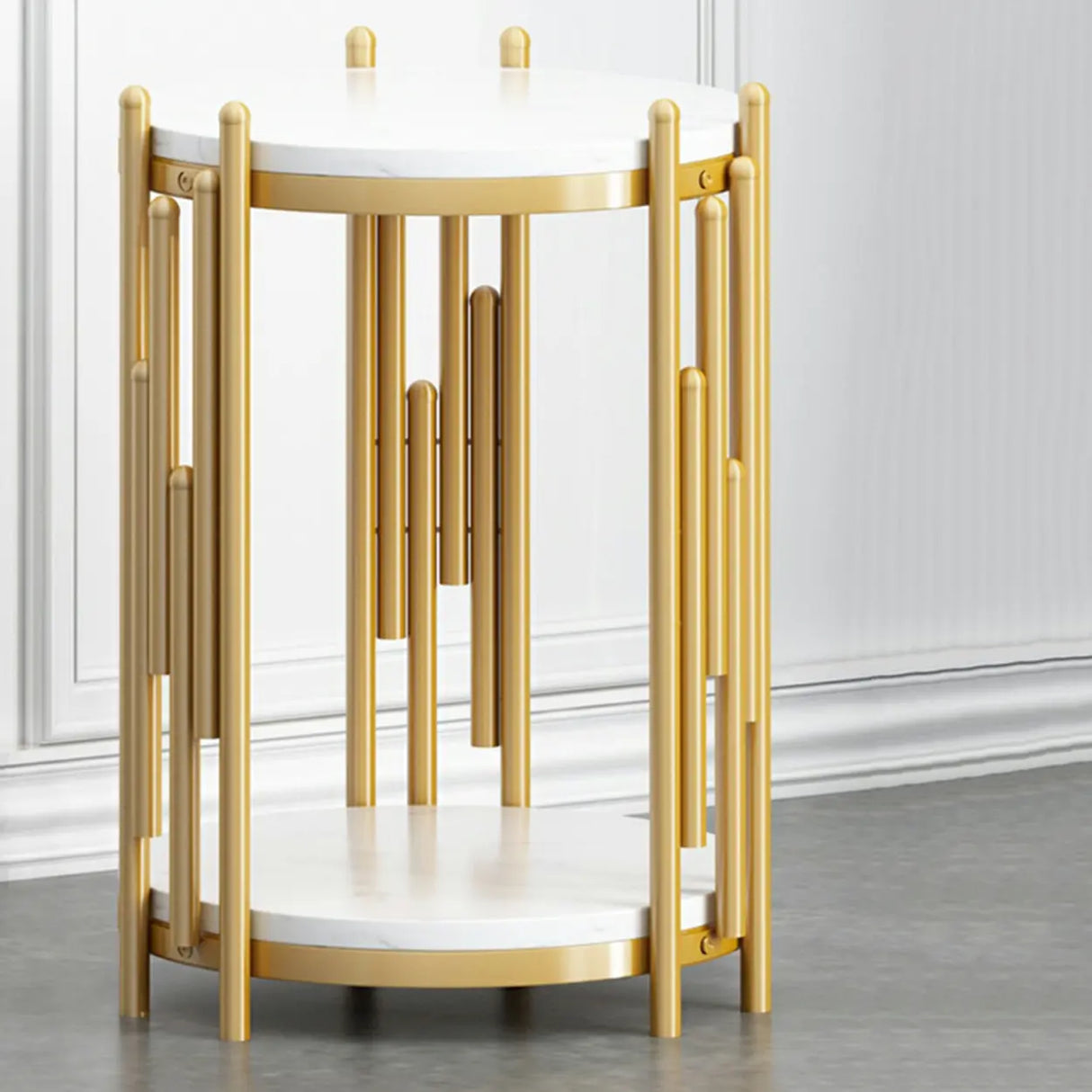 Creative 2 Tiers Round Marble Top Gold Metal Plant Table Image - 6