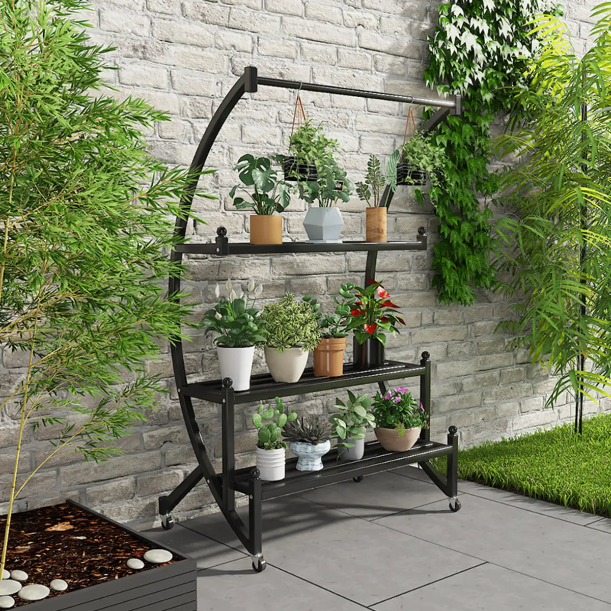Creative Arched Metal Indoor Sliding Plant Stand Black Image - 3