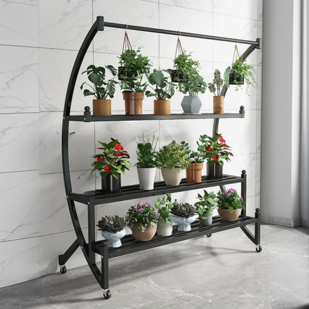 Creative Arched Metal Indoor Sliding Plant Stand Black Image - 6
