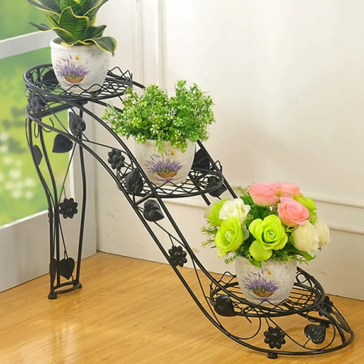 Creative Black High Heel Trapezoid Metal Plant Stand Image - 1