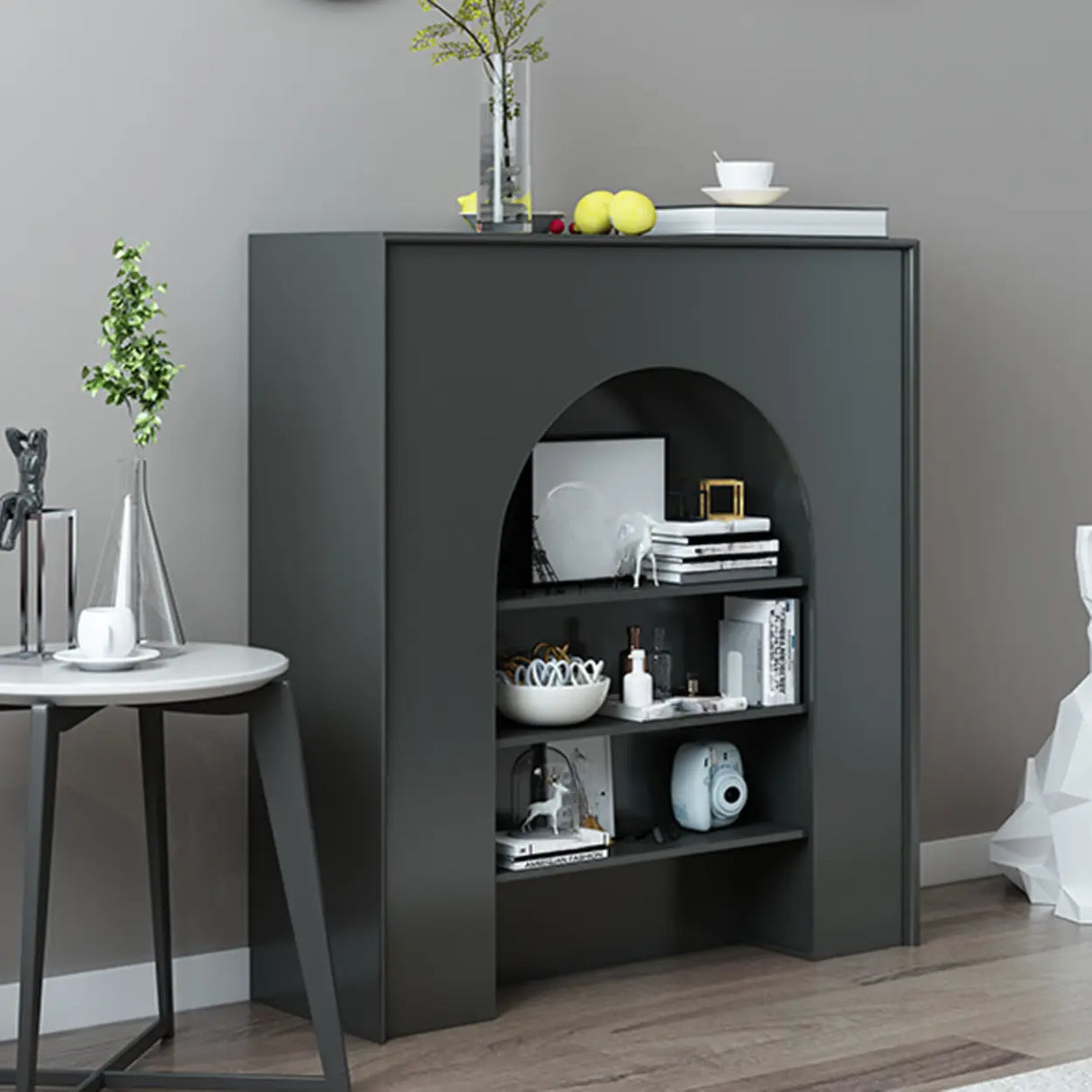 Creative Closed Wooden Storage Arched Bookcase Black Image - 2