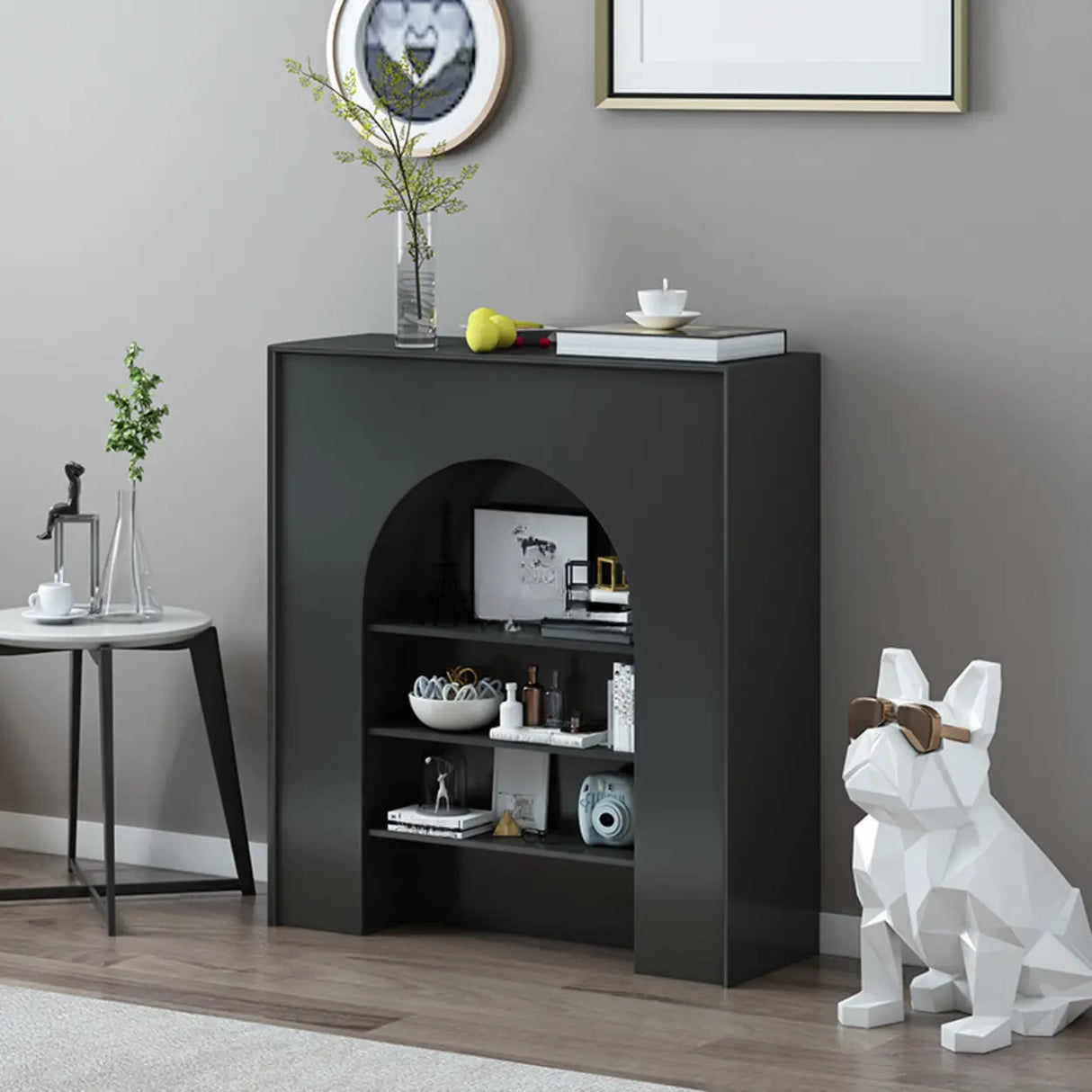 Creative Closed Wooden Storage Arched Bookcase Black Image - 3