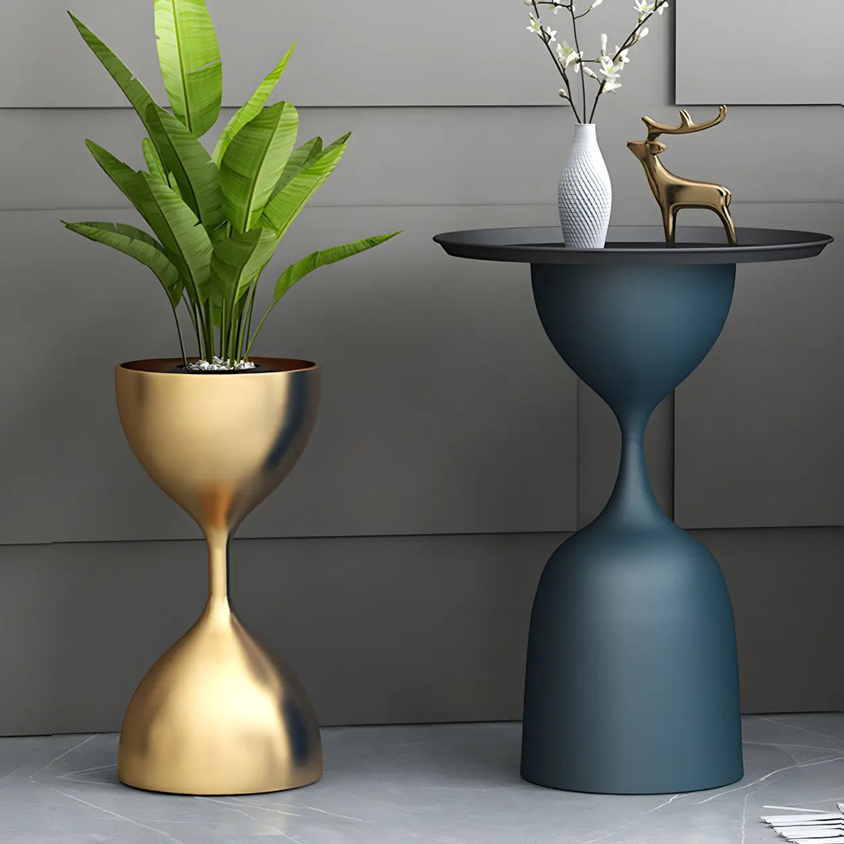 Creative Hourglass Iron Gold and Blue Plant Stand Set Image - 17