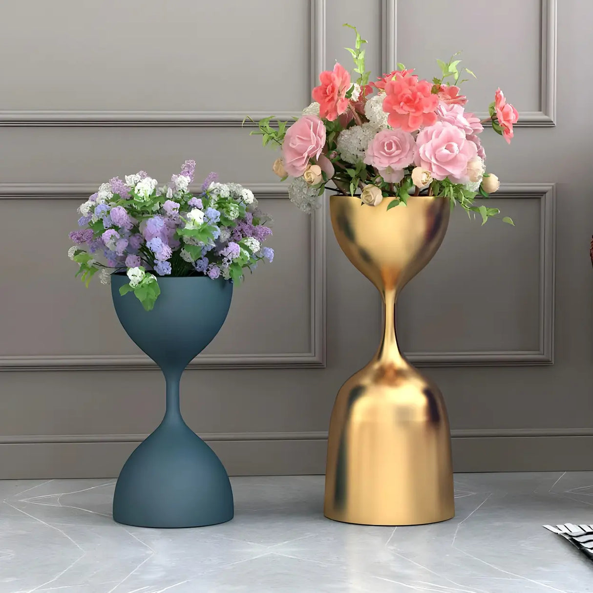 Creative Hourglass Iron Gold and Blue Plant Stand Set Image - 1