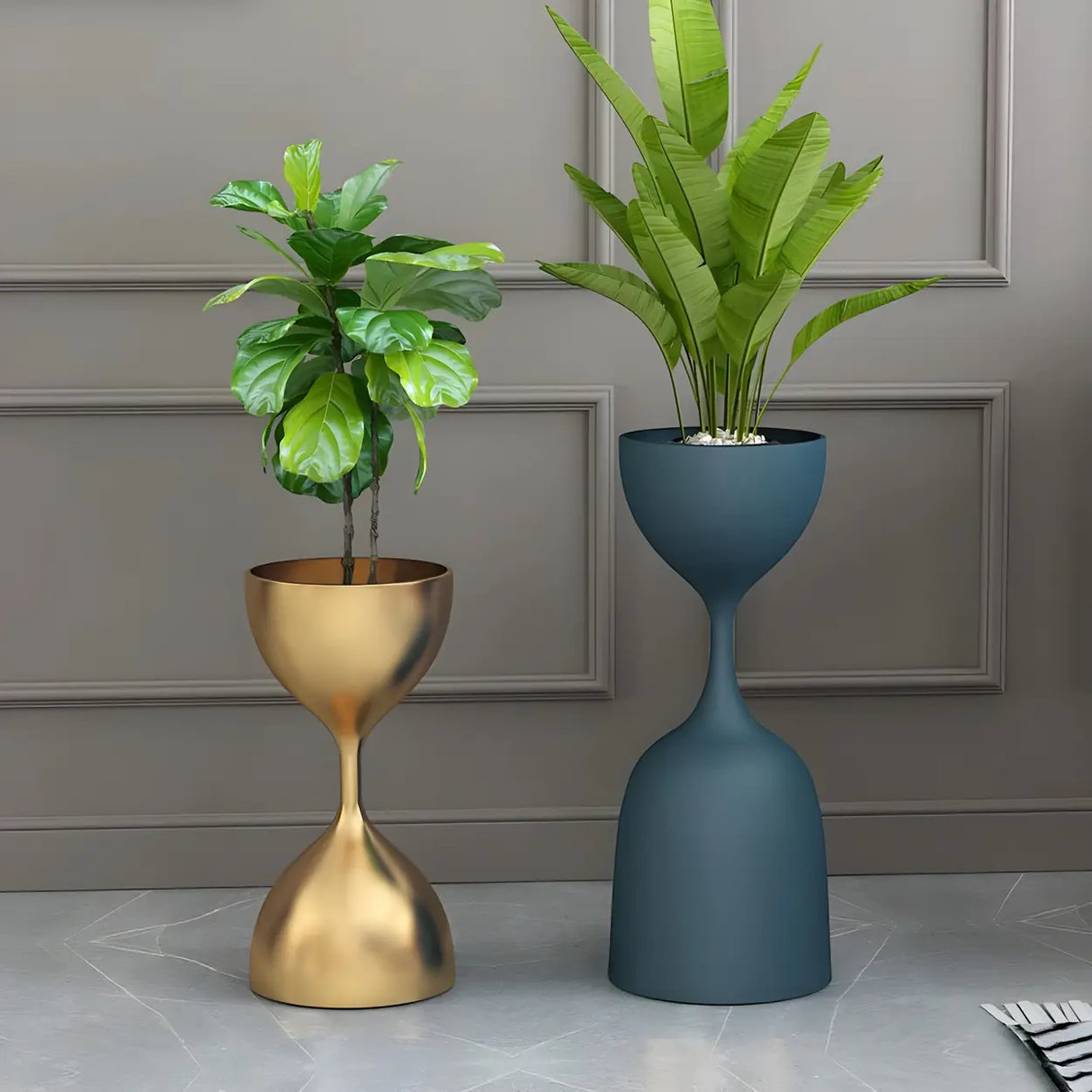 Creative Hourglass Iron Gold and Blue Plant Stand Set Image - 3