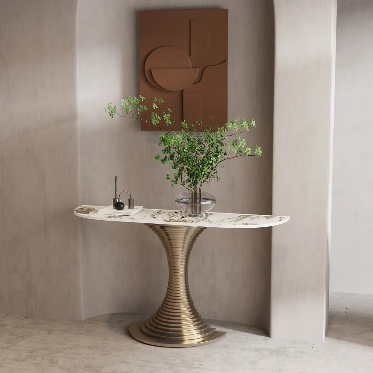 Creative Pedestal Half-Moon Marble Gold Console Table Image - 3