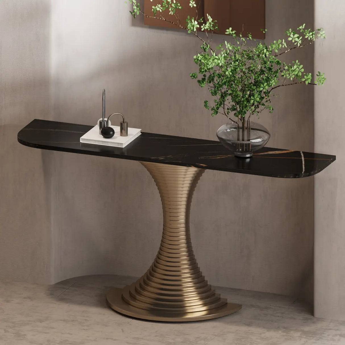 Creative Pedestal Half-Moon Marble Gold Console Table Image - 4