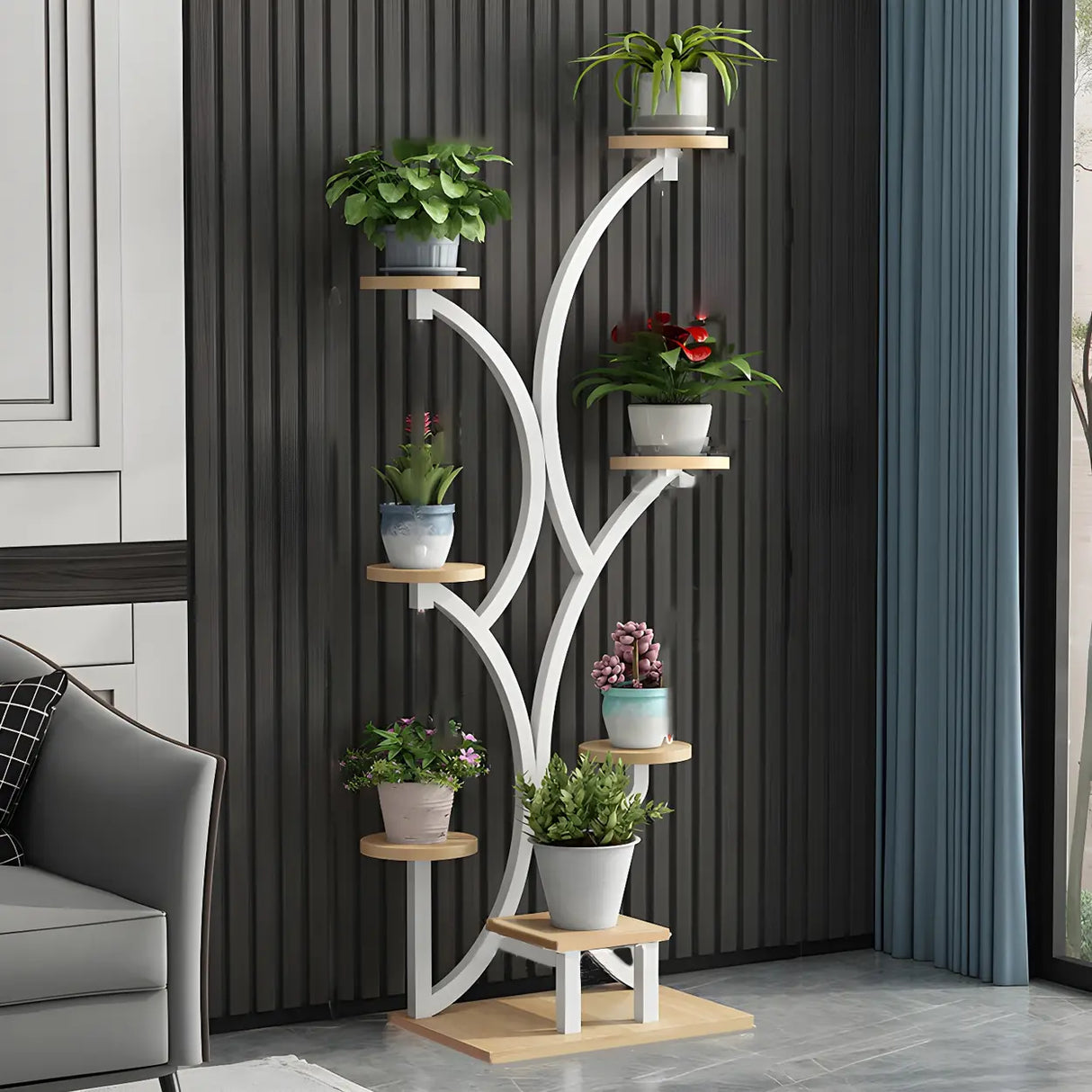 Creative Tree-Shaped Metal Round Shelves Black Plant Stand Image - 12