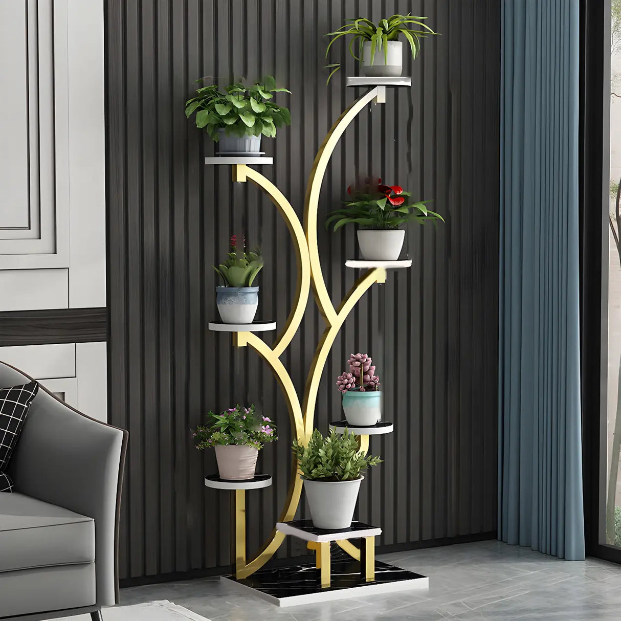 Creative Tree-Shaped Metal Round Shelves Black Plant Stand Image - 13