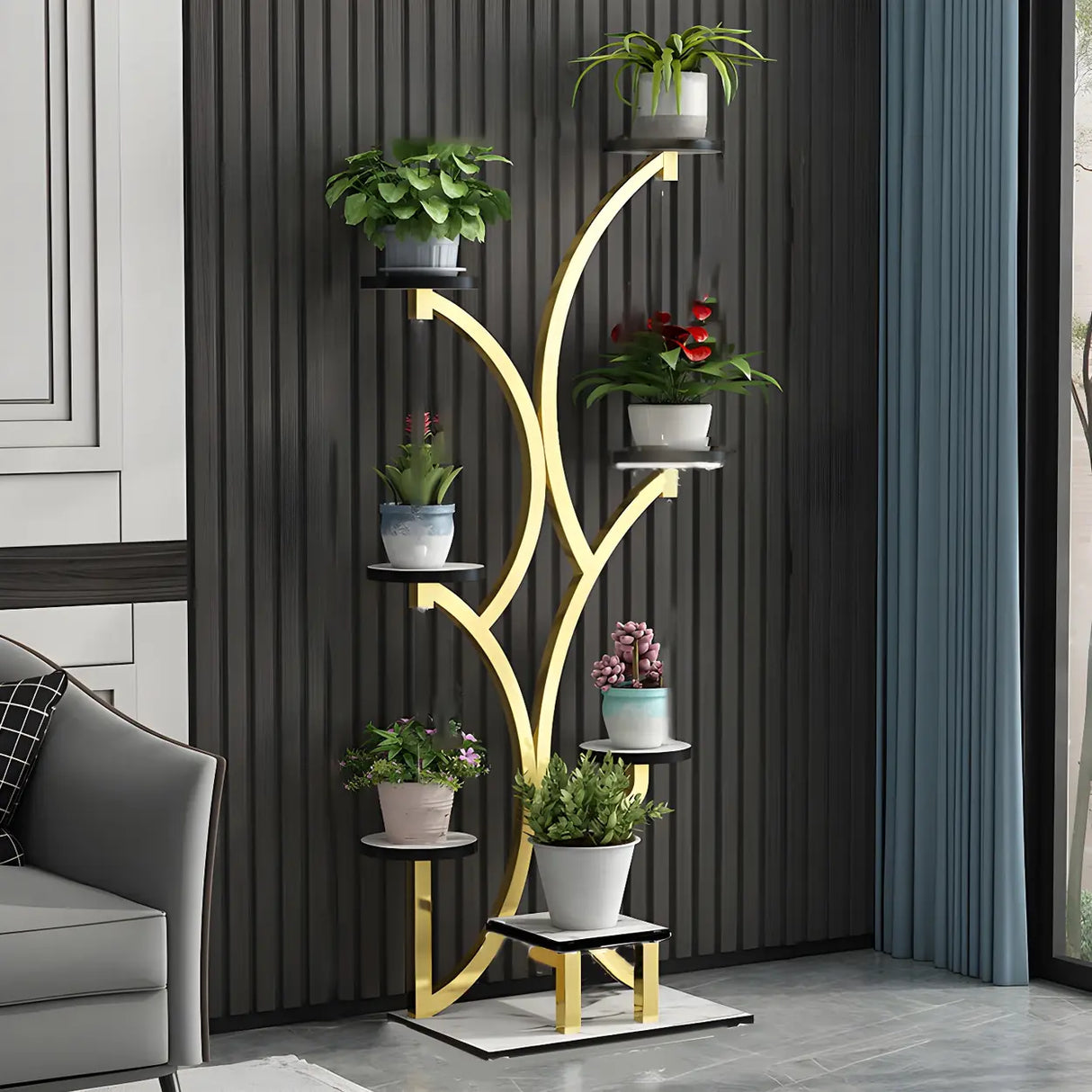 Creative Tree-Shaped Metal Round Shelves Black Plant Stand Image - 15