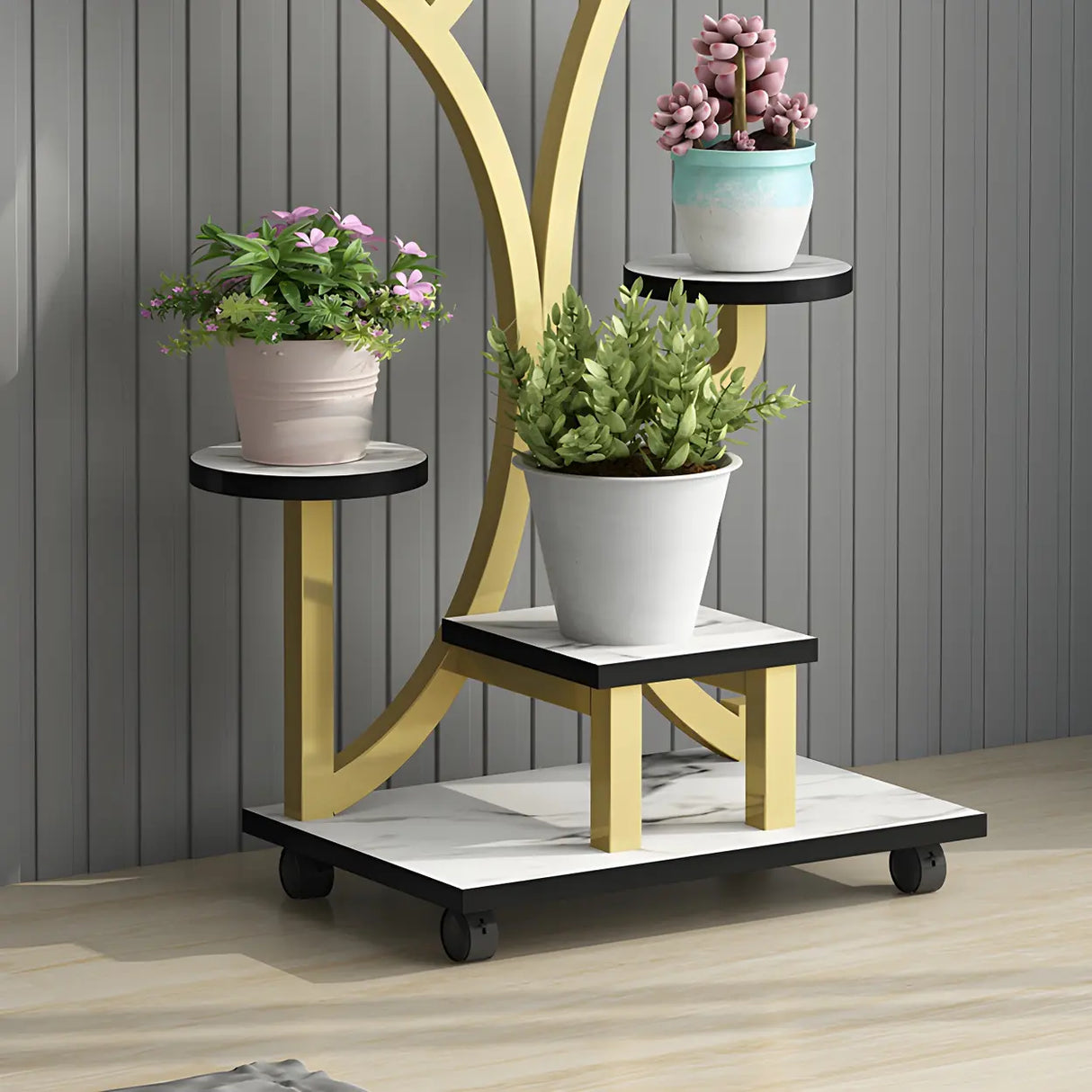 Creative Tree-Shaped Metal Round Shelves Black Plant Stand Image - 17