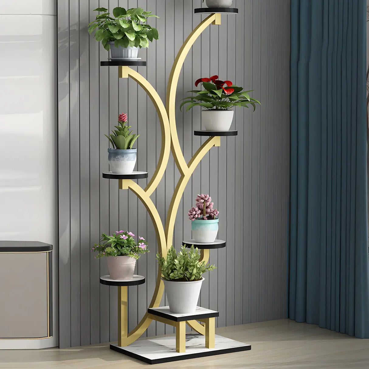 Creative Tree-Shaped Metal Round Shelves Black Plant Stand Image - 18