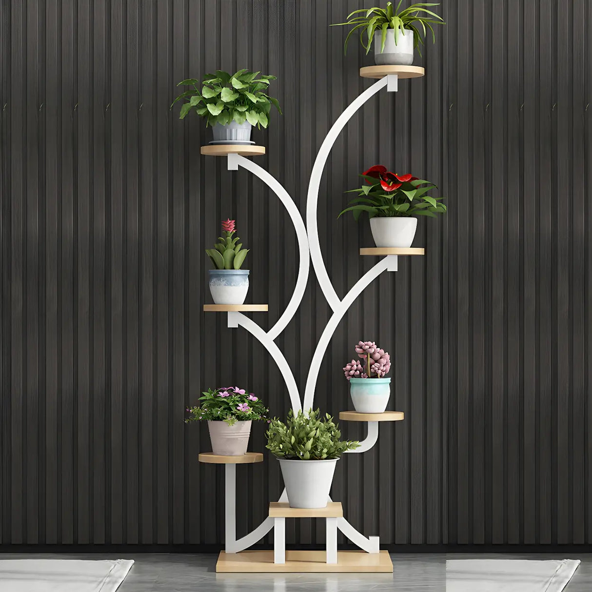 Creative Tree-Shaped Metal Round Shelves Black Plant Stand Image - 19