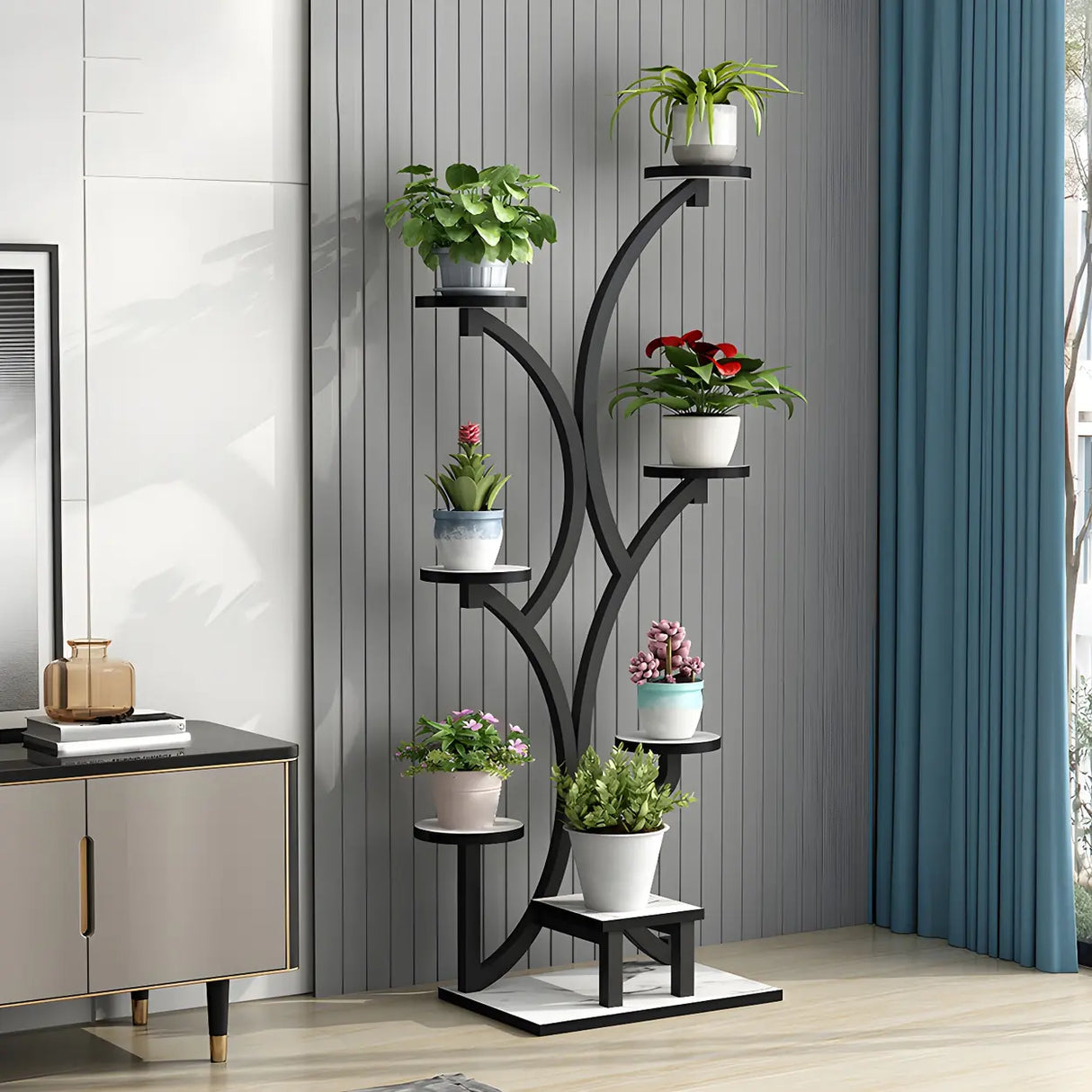 Creative Tree-Shaped Metal Round Shelves Black Plant Stand Image - 1