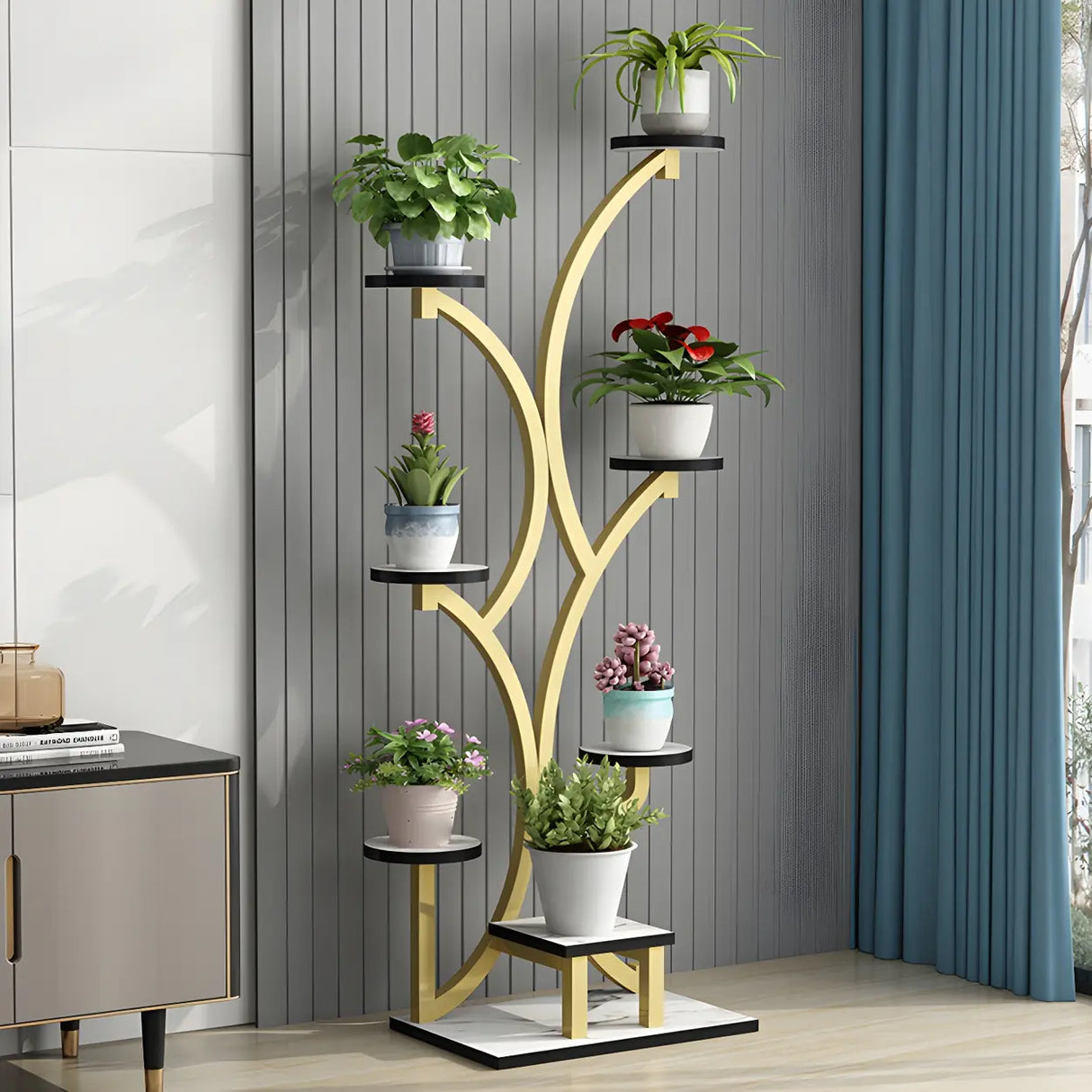 Creative Tree-Shaped Metal Round Shelves Black Plant Stand Image - 20