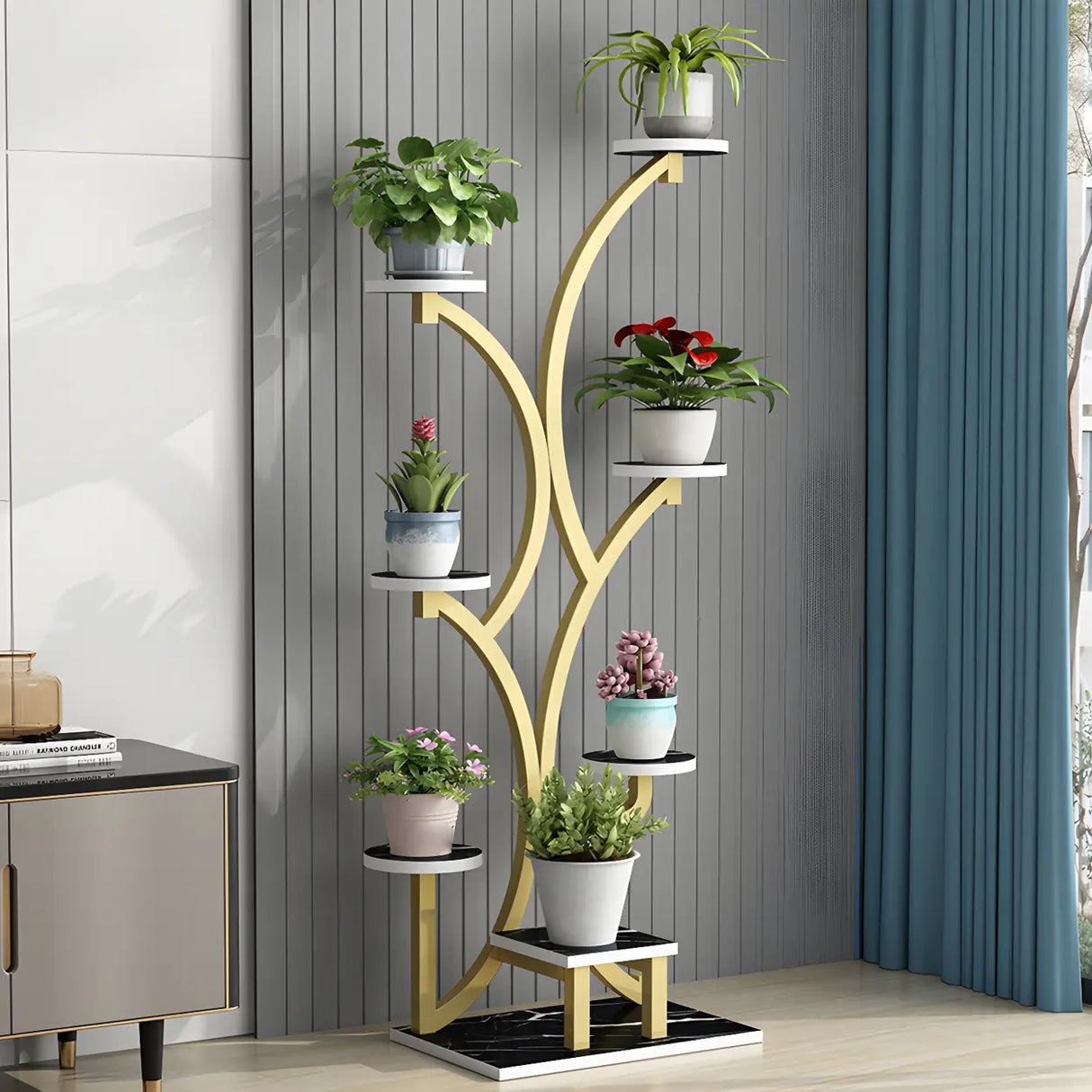 Creative Tree-Shaped Metal Round Shelves Black Plant Stand Image - 21