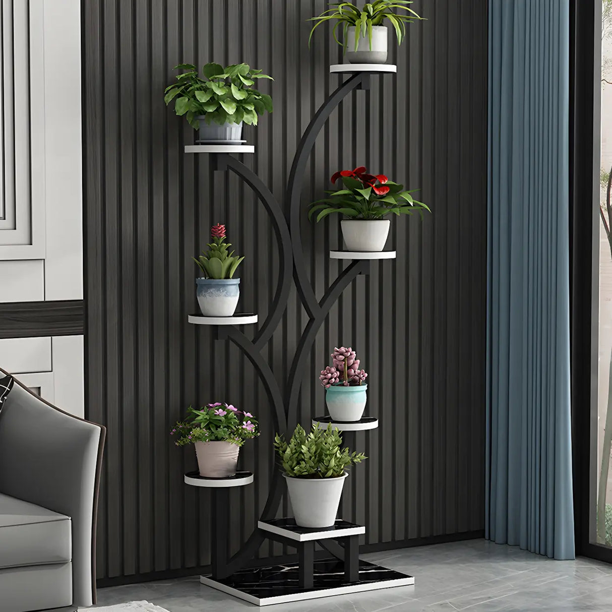 Creative Tree-Shaped Metal Round Shelves Black Plant Stand Image - 23