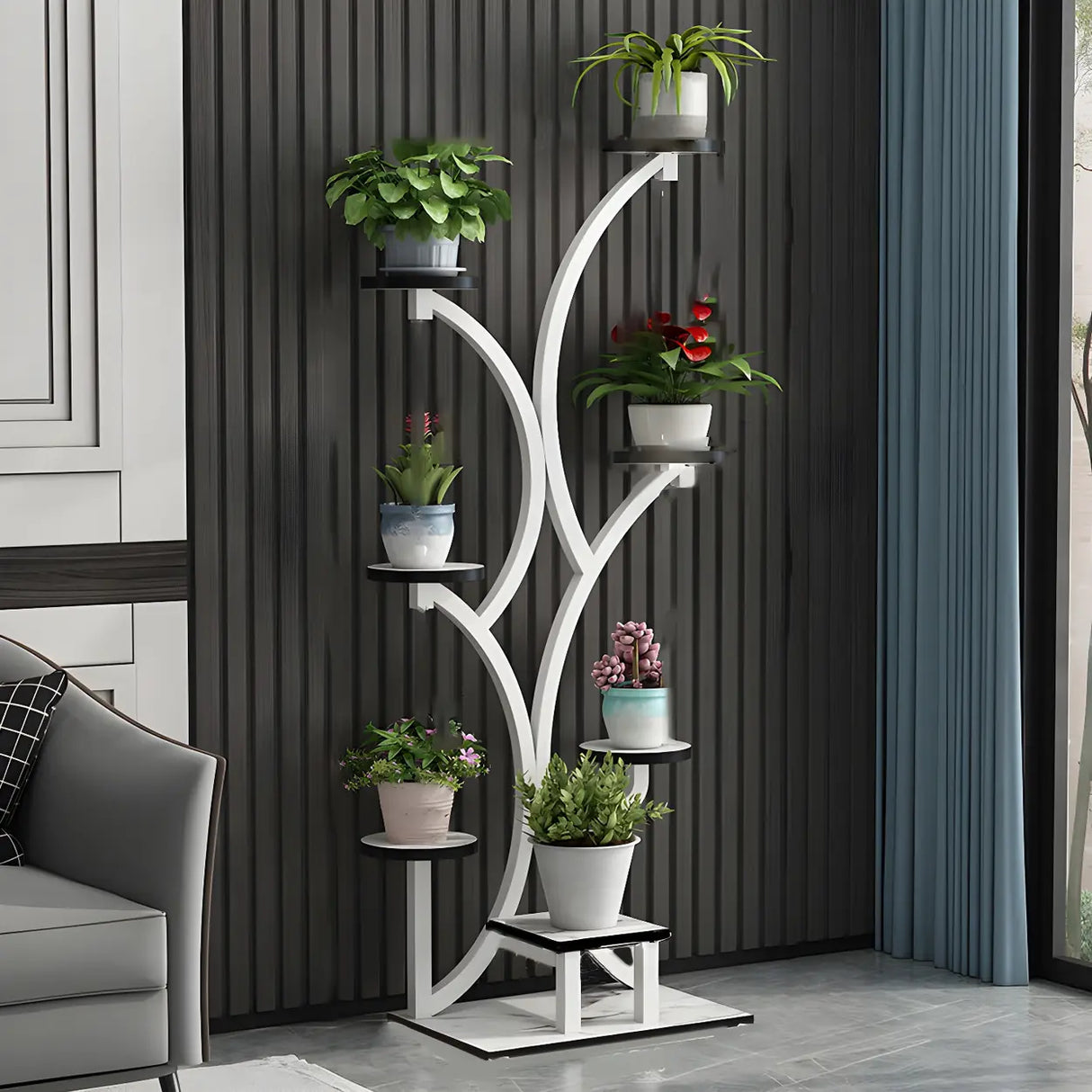Creative Tree-Shaped Metal Round Shelves Black Plant Stand Image - 2