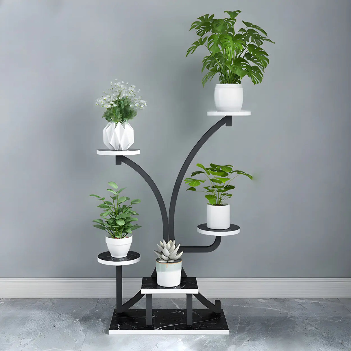 Creative Tree-Shaped Metal Round Shelves Black Plant Stand Image - 4