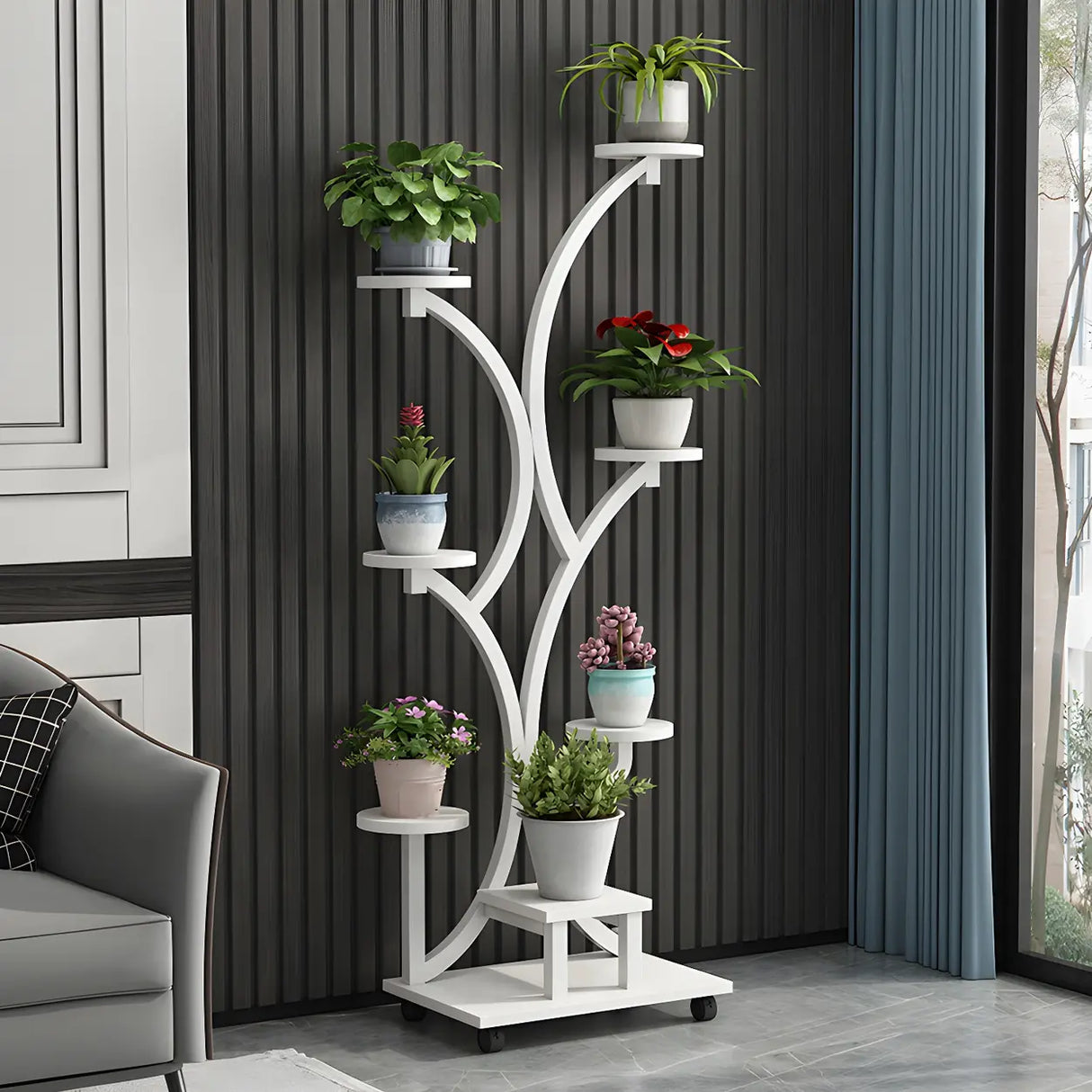 Creative Tree-Shaped Metal Round Shelves Black Plant Stand Image - 5
