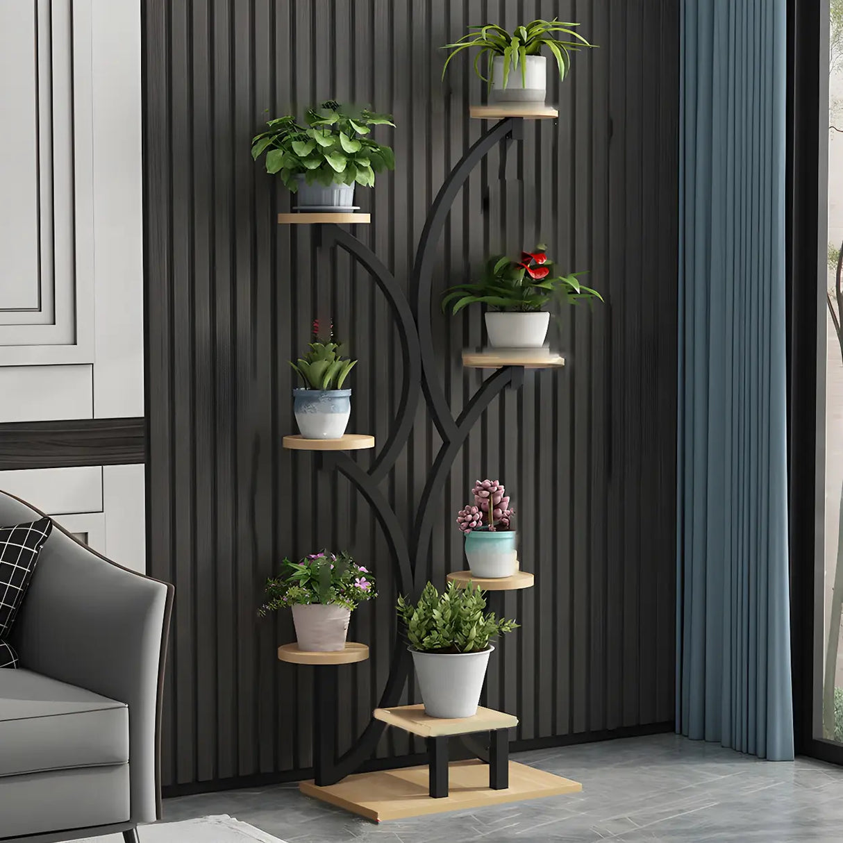 Creative Tree-Shaped Metal Round Shelves Black Plant Stand Image - 6