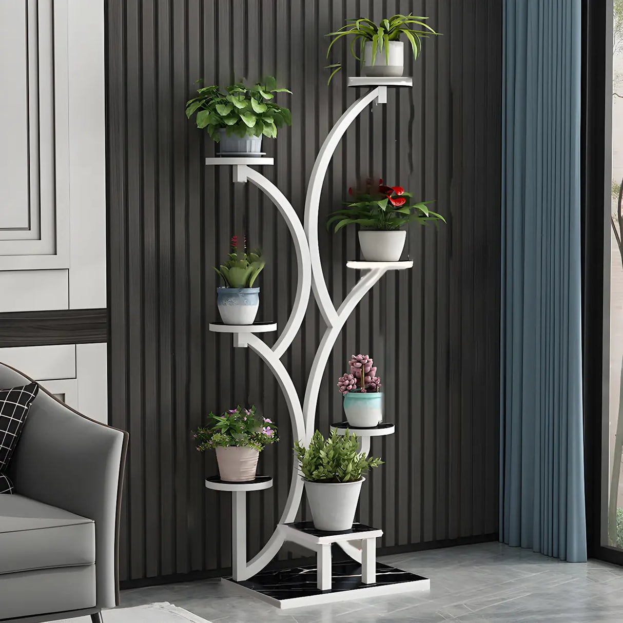 Creative Tree-Shaped Metal Round Shelves Black Plant Stand Image - 7