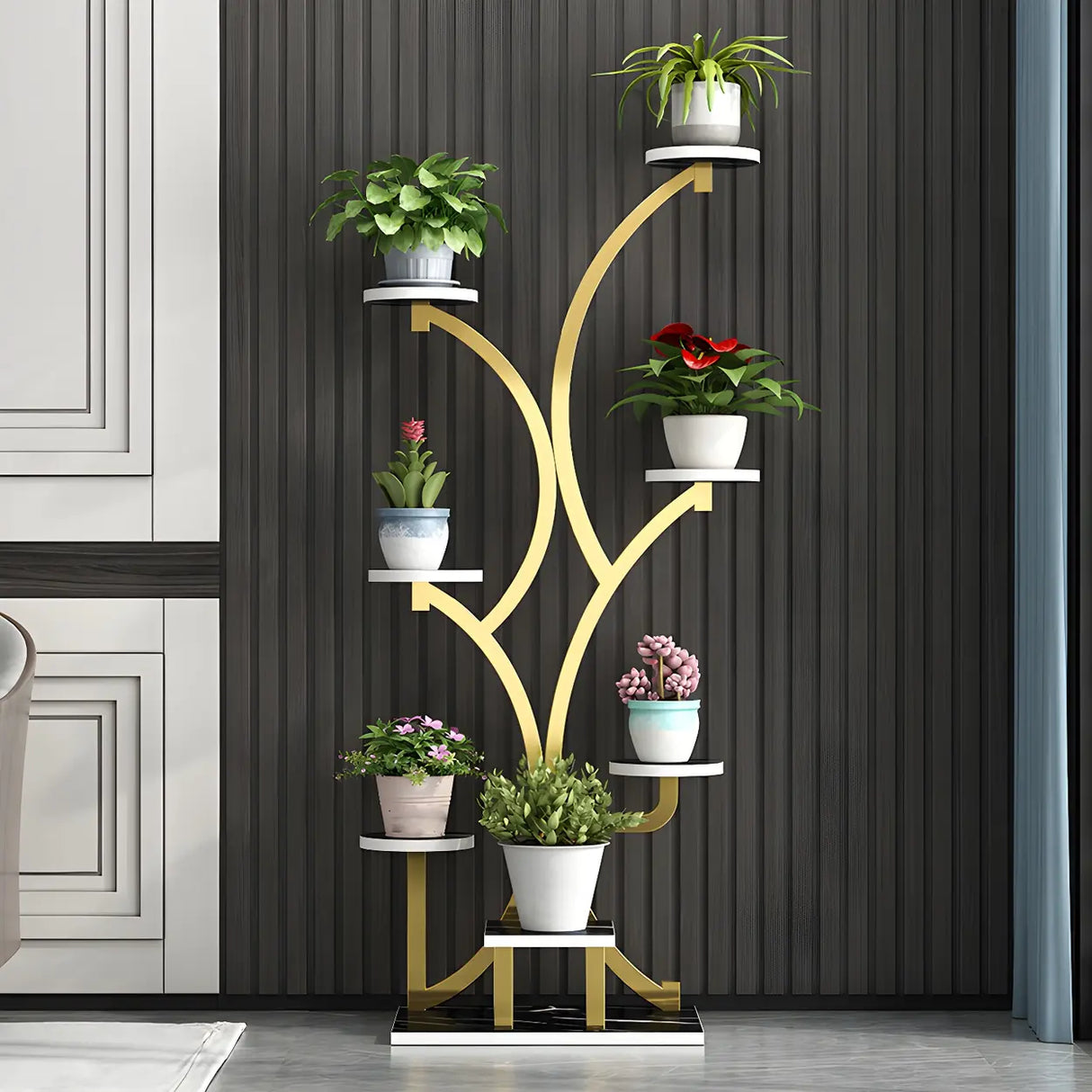 Creative Tree-Shaped Metal Round Shelves Black Plant Stand Image - 8