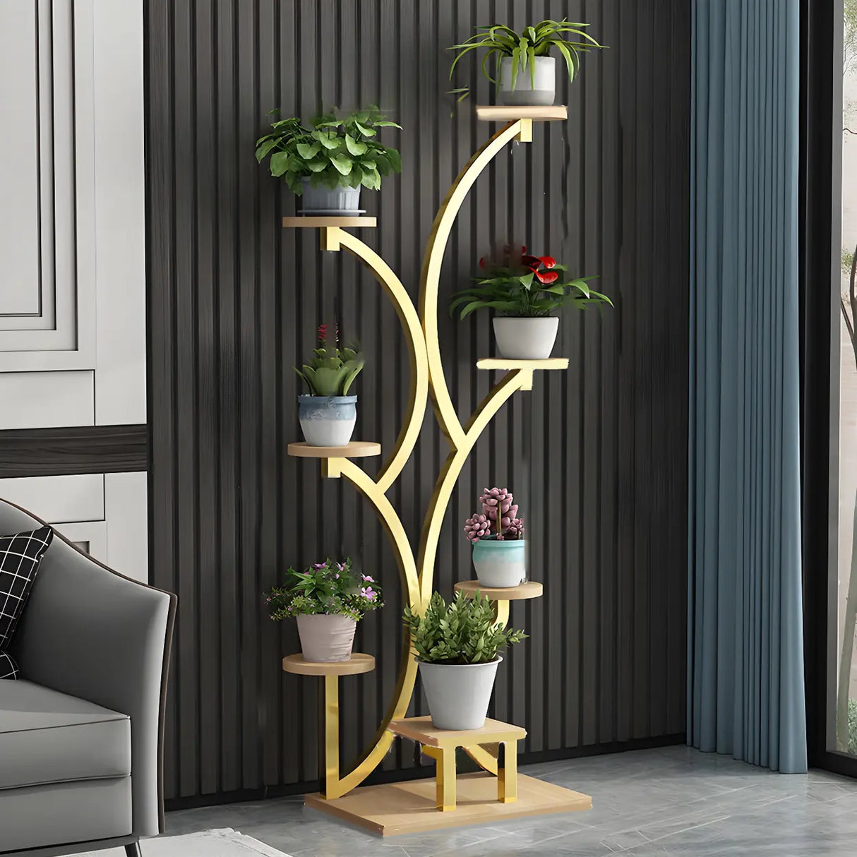 Creative Tree-Shaped Metal Round Shelves Black Plant Stand Image - 9