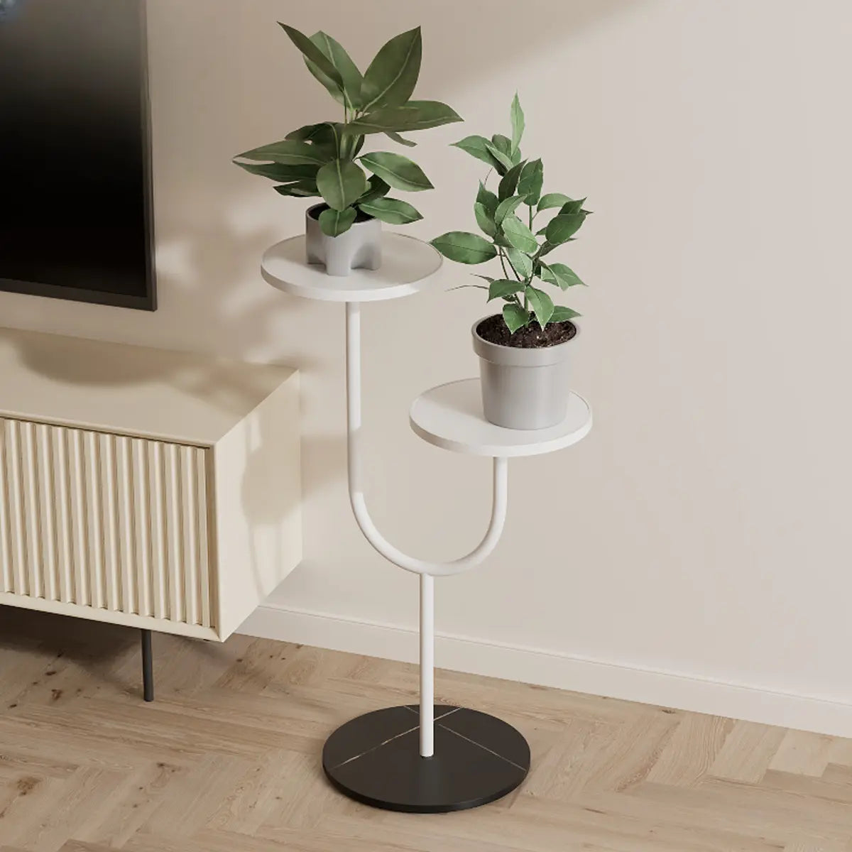 Creative U-Shaped 2 Tray Metal Floor Plant Stand White Image - 11