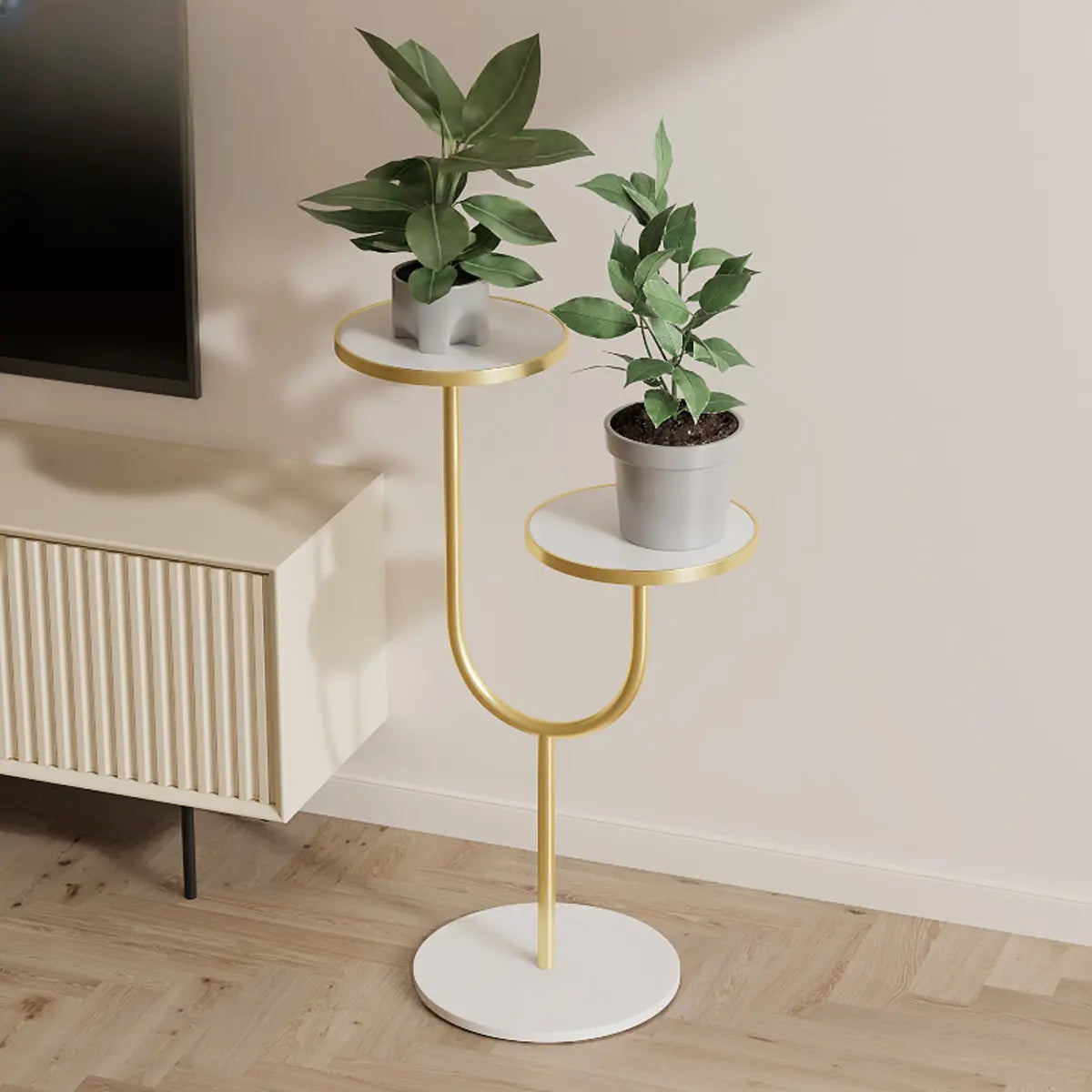 Creative U-Shaped 2 Tray Metal Floor Plant Stand White Image - 9