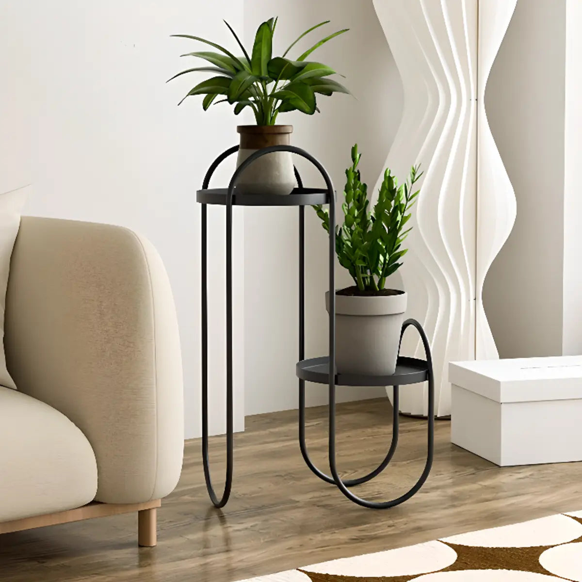 Creative Wavy 2 Tiers Round Metal Floor Plant Stand Image - 5