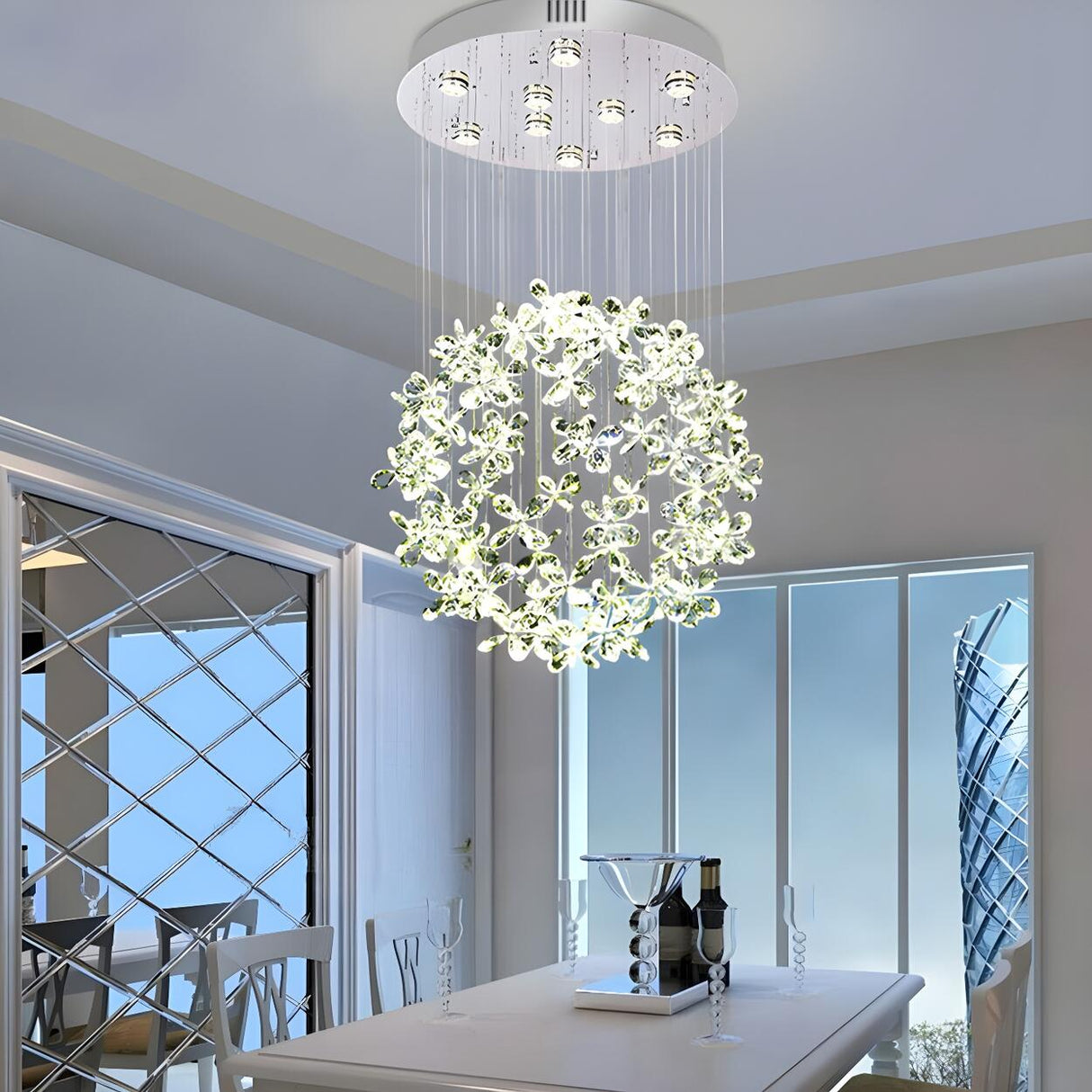 Crystal Flower Draping Sphere Nickel Flush Mount Light Image - 4