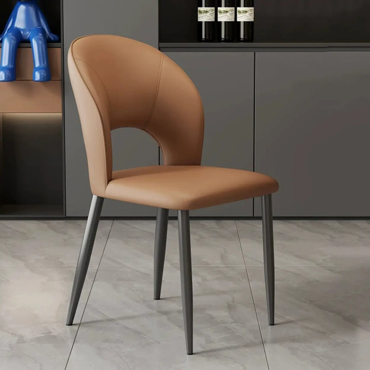 Curved Back Faux Leather Metal Legs Dining Chair Brown Image - 1