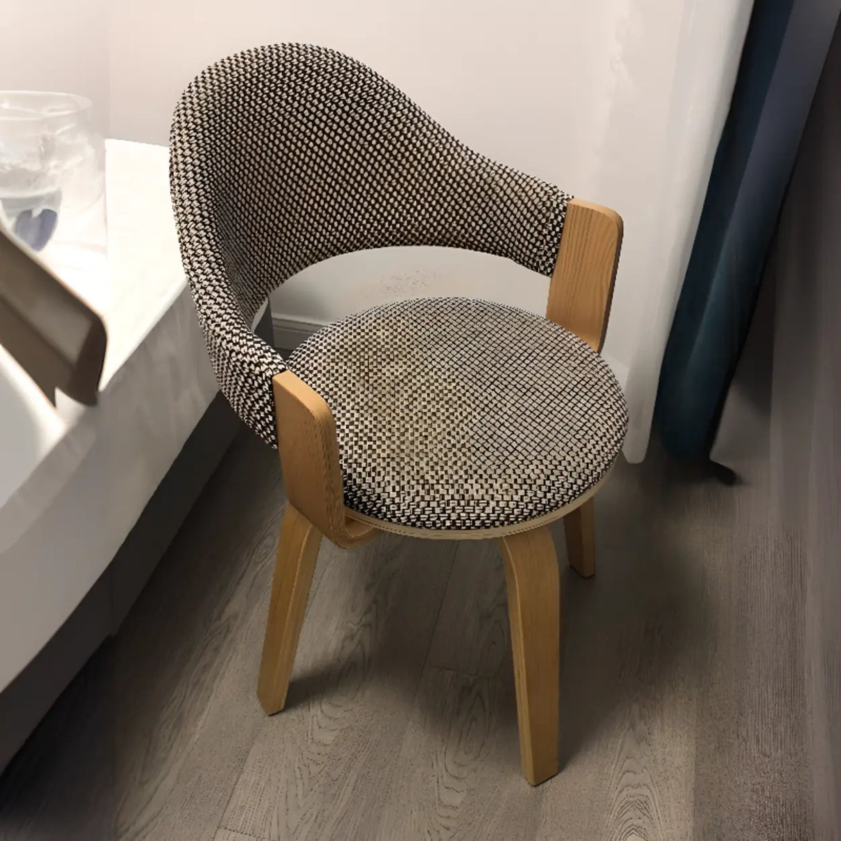 Curved Beige Fabric Seat Birch Armrest Dining Chair Image - 11