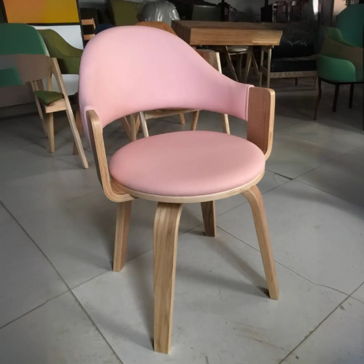 Curved Beige Fabric Seat Birch Armrest Dining Chair Image - 18