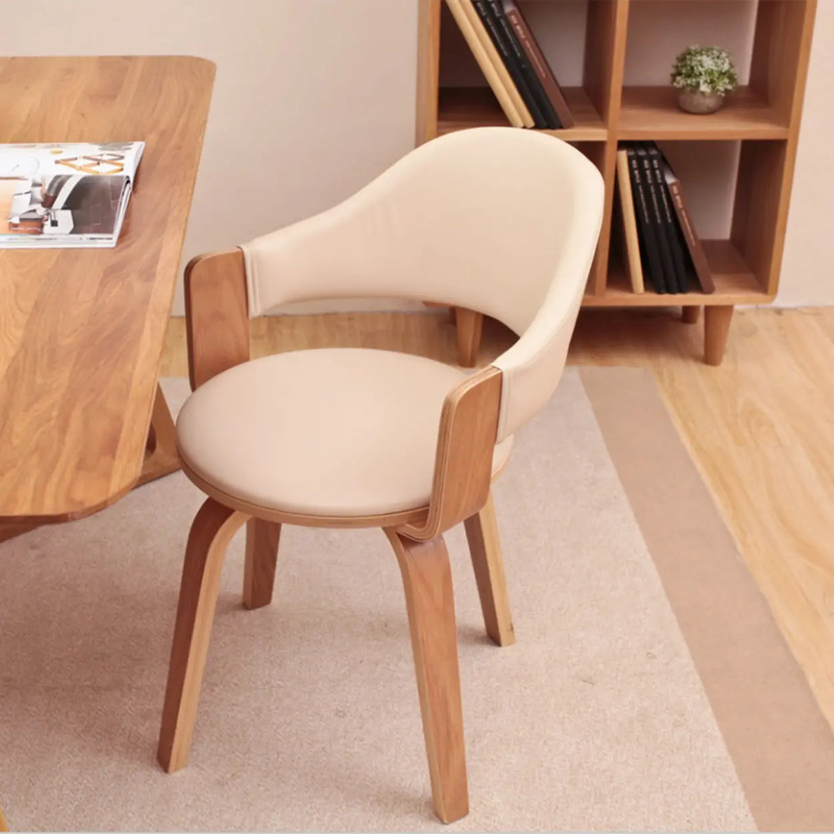 Curved Beige Fabric Seat Birch Armrest Dining Chair Image - 1