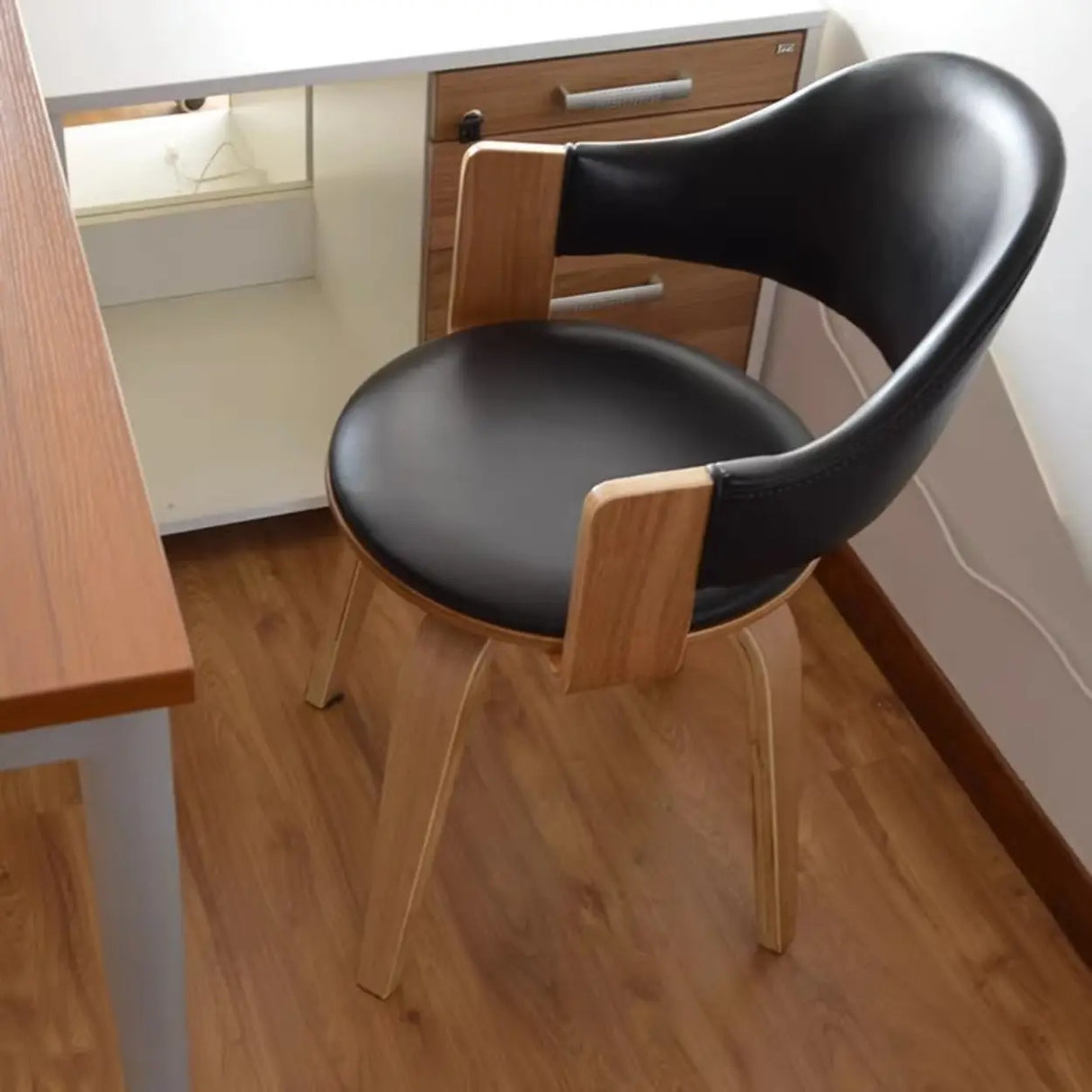 Curved Beige Fabric Seat Birch Armrest Dining Chair Image - 4