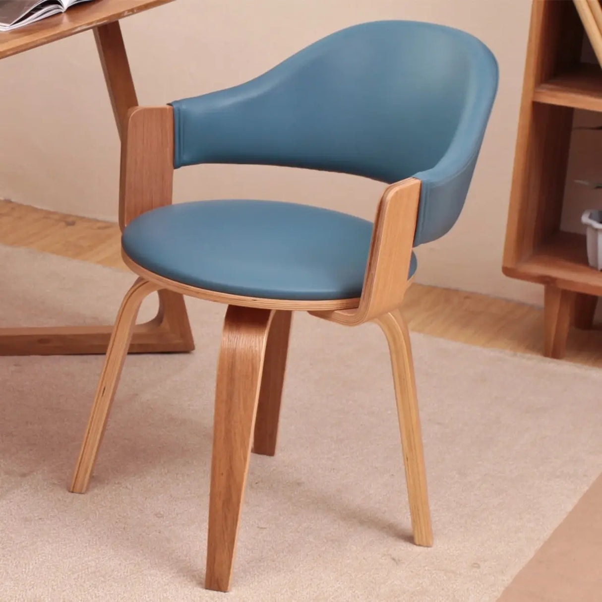 Curved Beige Fabric Seat Birch Armrest Dining Chair Image - 6