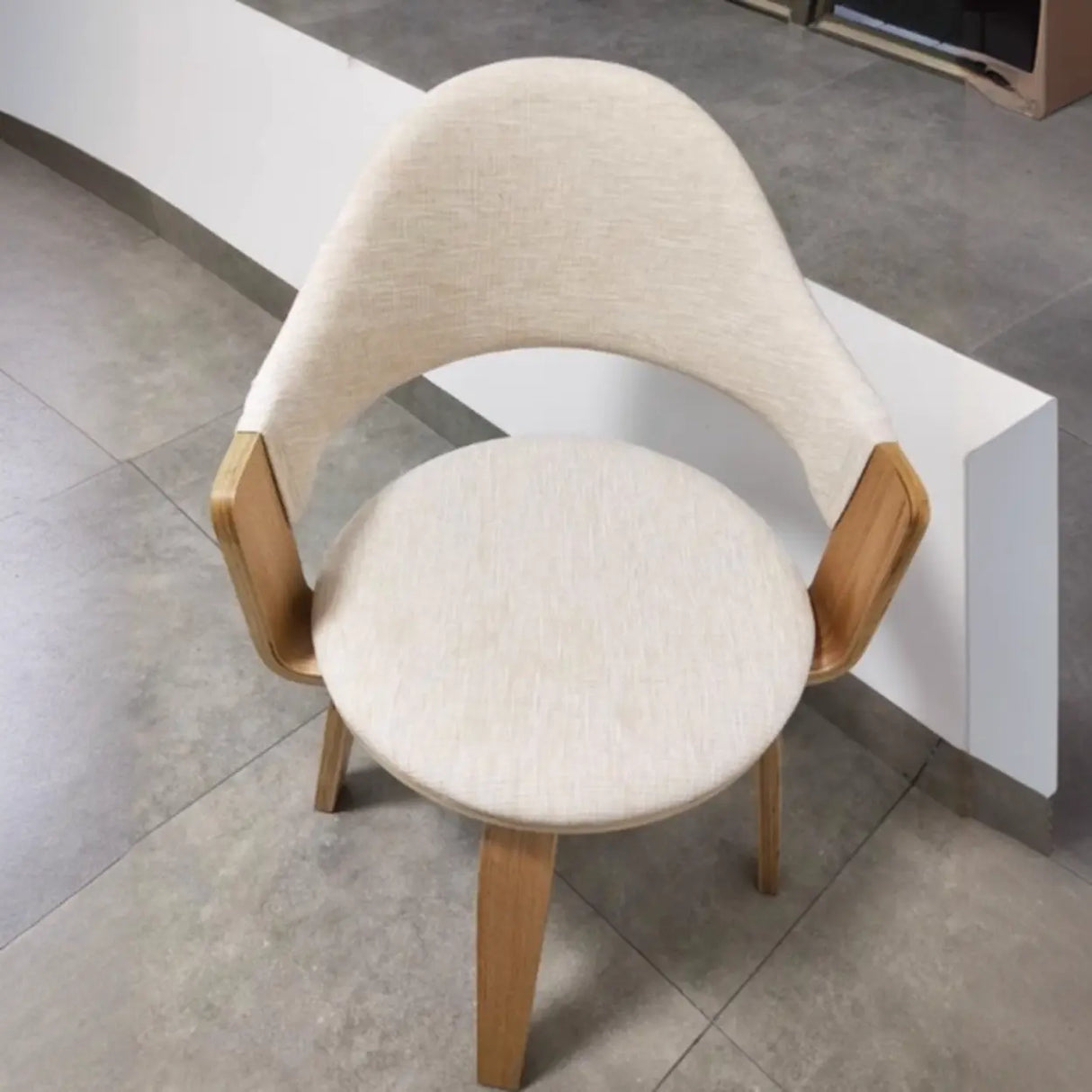 Curved Beige Fabric Seat Birch Armrest Dining Chair Image - 7