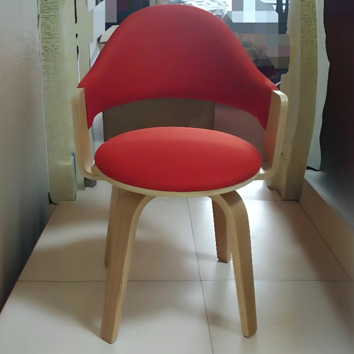 Curved Beige Fabric Seat Birch Armrest Dining Chair Image - 8