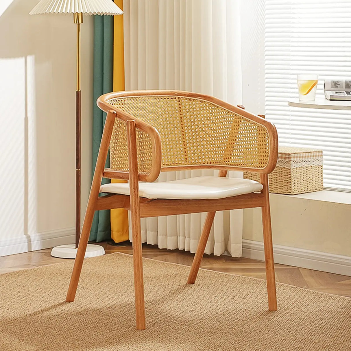 Curved Cane Wood Armrest Dining Chair Natural Finish Image - 11
