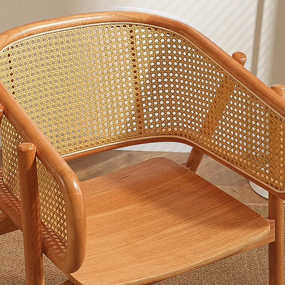 Curved Cane Wood Armrest Dining Chair Natural Finish Image - 12