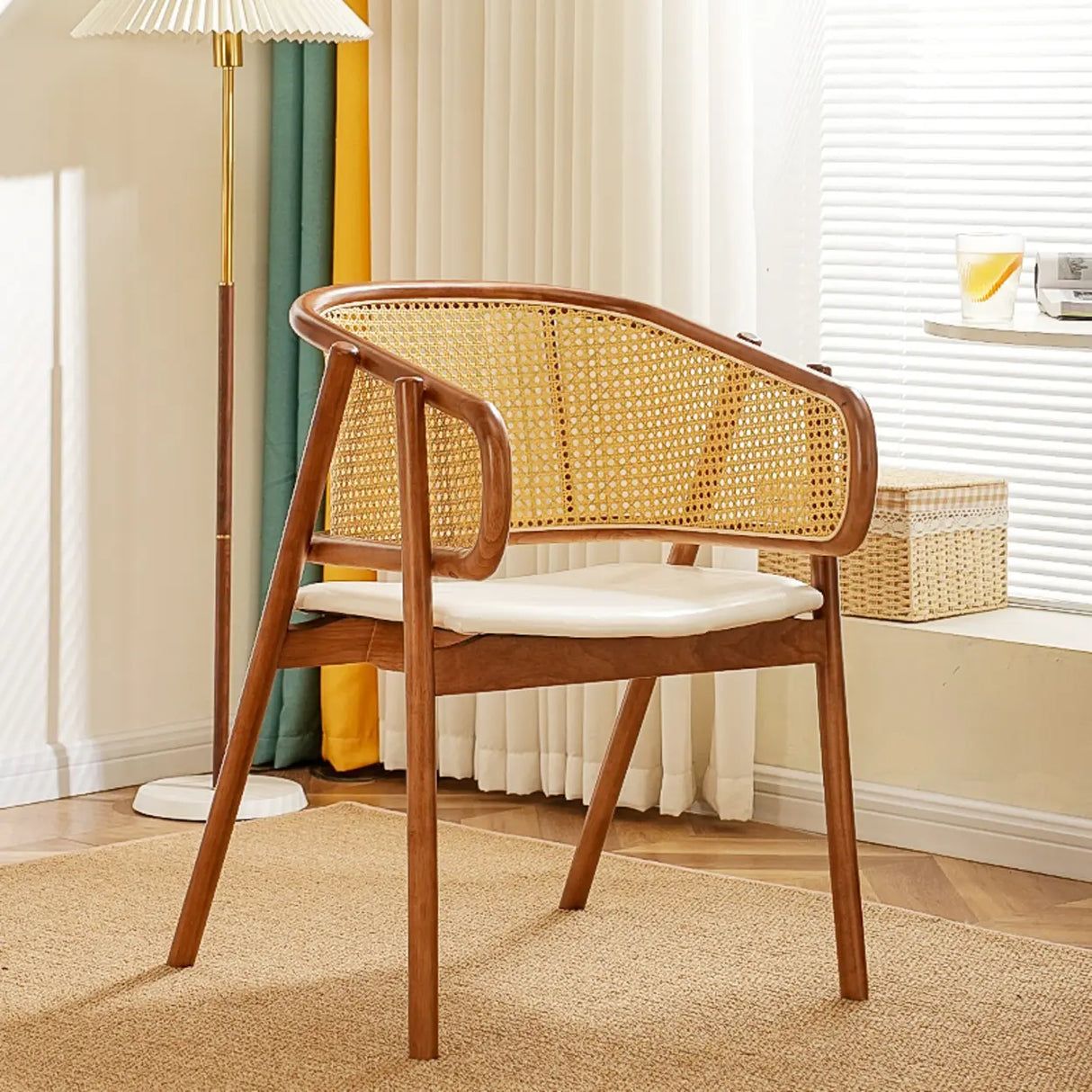 Curved Cane Wood Armrest Dining Chair Natural Finish Image - 13