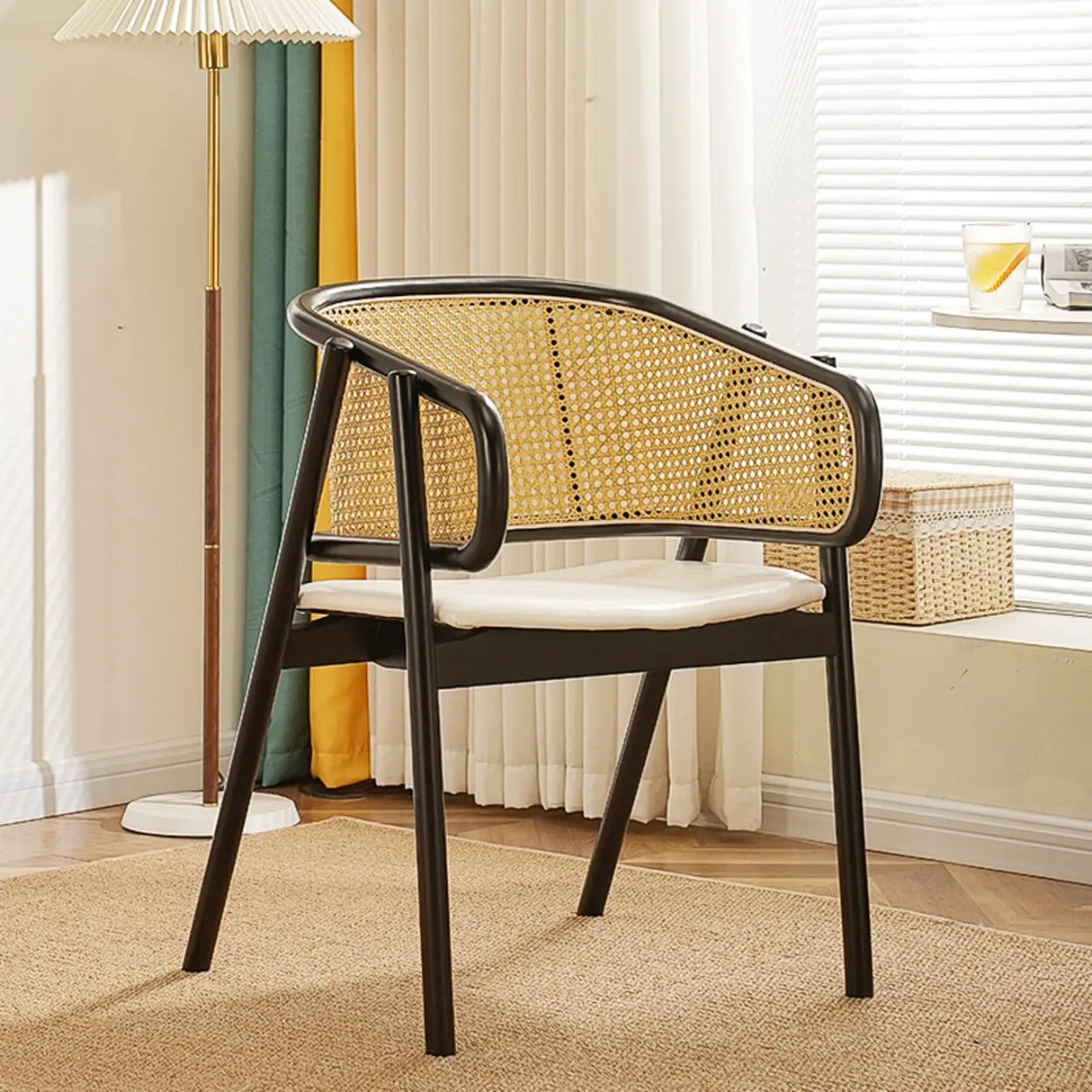 Curved Cane Wood Armrest Dining Chair Natural Finish Image - 14