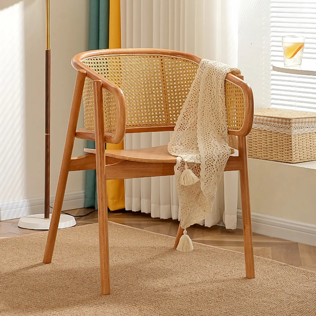 Curved Cane Wood Armrest Dining Chair Natural Finish Image - 1