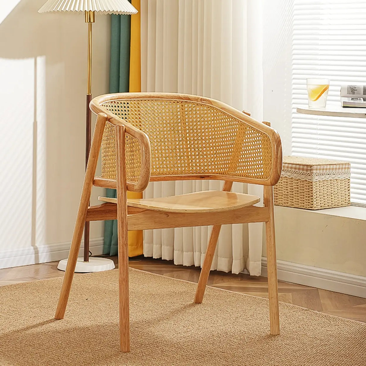 Curved Cane Wood Armrest Dining Chair Natural Finish Image - 2