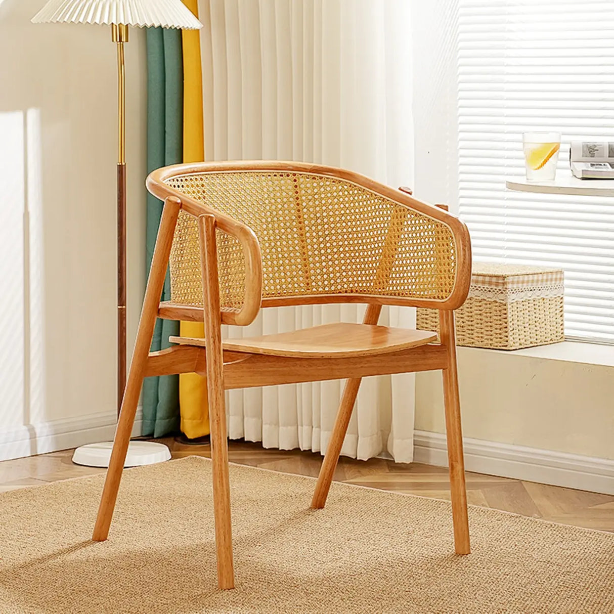 Curved Cane Wood Armrest Dining Chair Natural Finish Image - 3