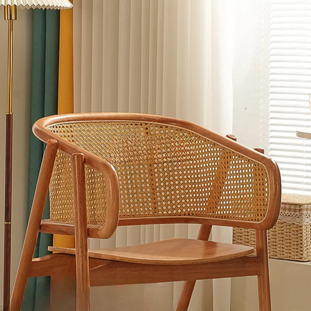 Curved Cane Wood Armrest Dining Chair Natural Finish Image - 6