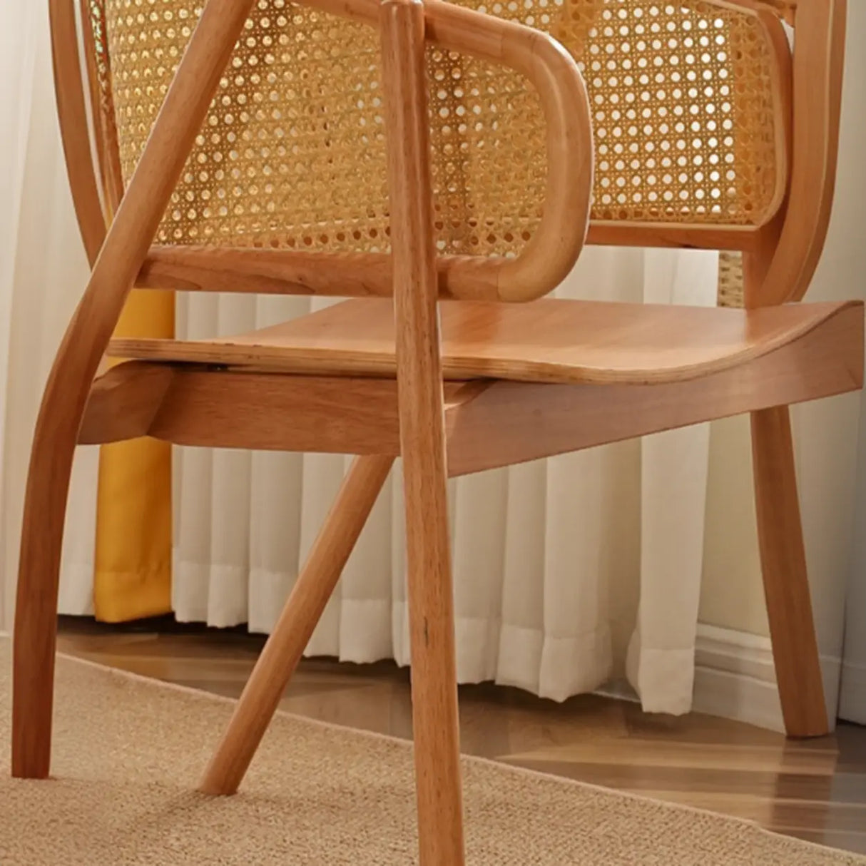 Curved Cane Wood Armrest Dining Chair Natural Finish Image - 8