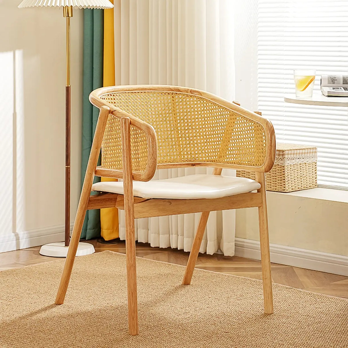 Curved Cane Wood Armrest Dining Chair Natural Finish Image - 9